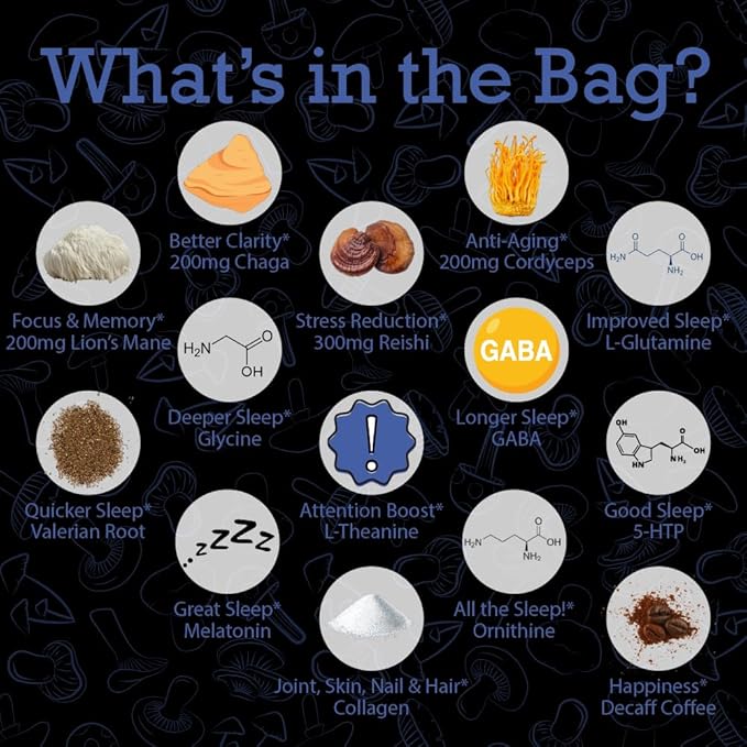 Sleep Boost Organic Mushroom Instant Coffee - 135g, 15 Servings Pouch - Healthy Coffee alternative and Substitute - With Collagen, Lions Mane and Antioxidants