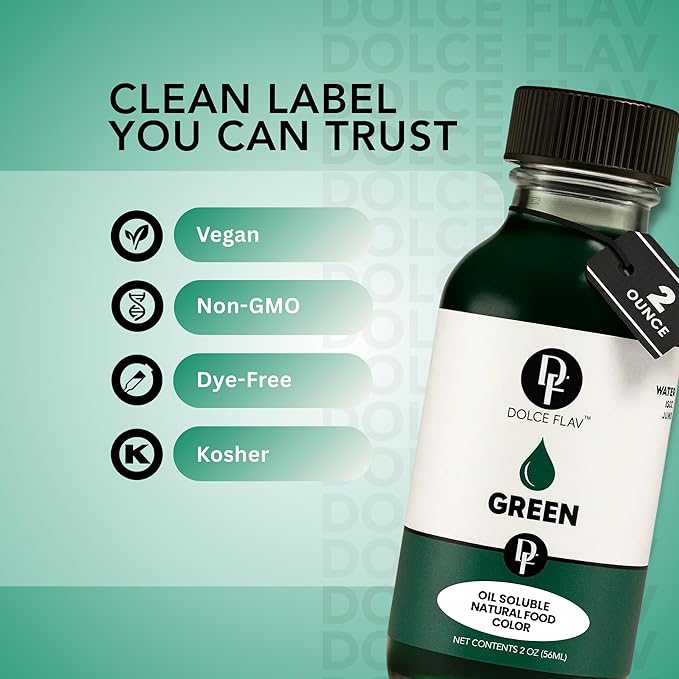 Dolce Flav Natural Green Food Coloring – 2 oz Vibrant Plant-Based Color from Green Apple | Water-Soluble Liquid Dye for Baking, Drinks & Frostings | Graduated Dropper Included | No Artificial Dyes | Kosher | Made in USA