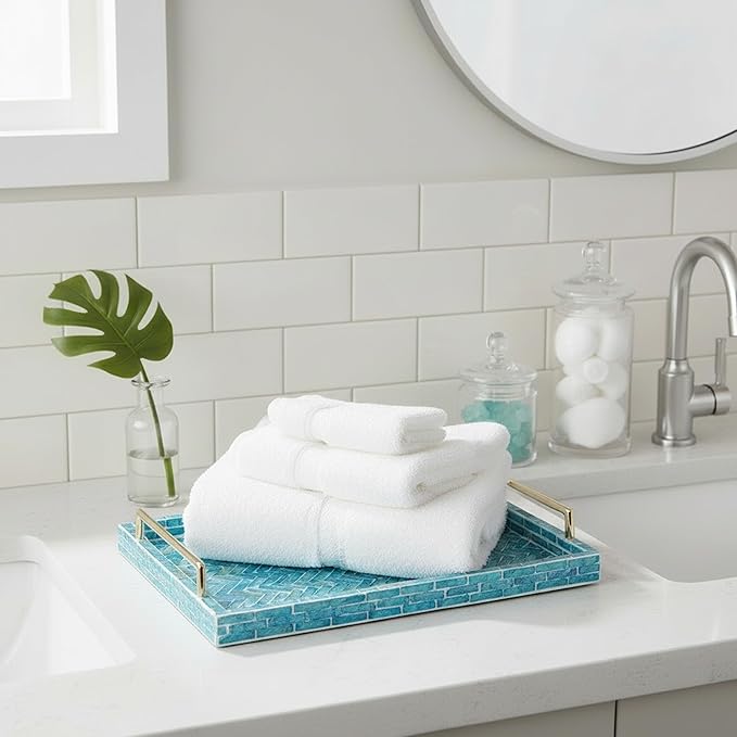 PEMAR Capiz Shell Decorative Tray with Gold Handles – 15.7"x11.8" Rectangular Display & Serving Tray for Vanity, Dresser, Bathroom (Mosaic Herringbone)