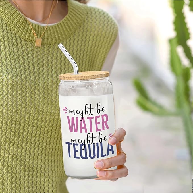 Funny Might Be Tequila glasses cup Gifts for Cocktail Lovers, Tequila Lime drinking jar for Women Men 14oz,