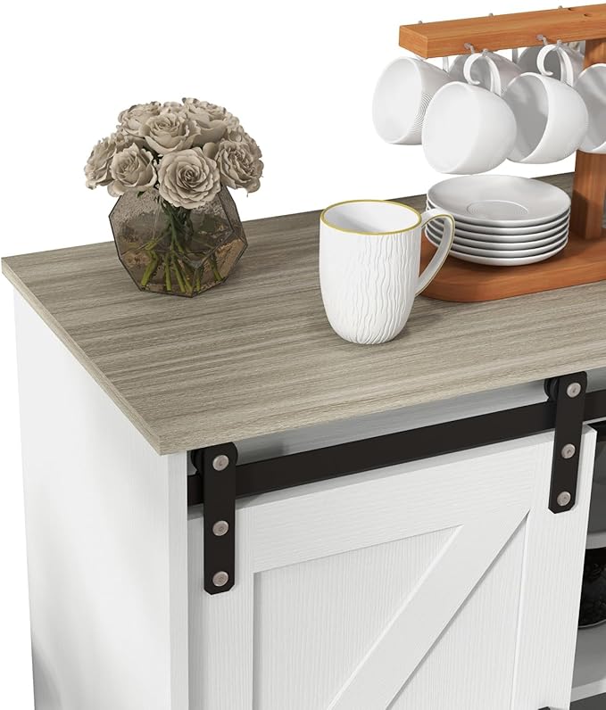 Panana Sliding Barn Door Buffet Sideboard Storage Cabinet Coffee Bar Kitchen Farmhouse Style (White Cabinet Nature Top)