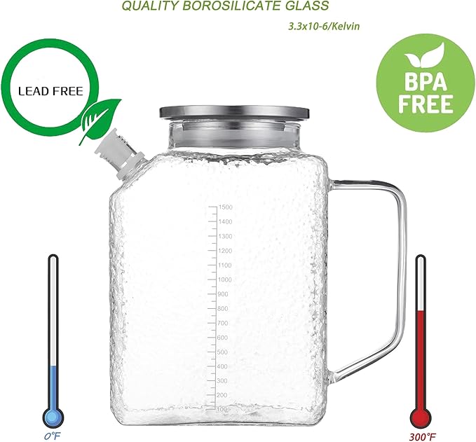Purefold 1.5 Liter/50 oz Water Pitcher with Full Seal Lid and Spout, High Borosilicate Glass Jug, Leakproof Fridge Door Carafe for Iced Tea, Coffee, Juice, Milk Beverage (Textured)
