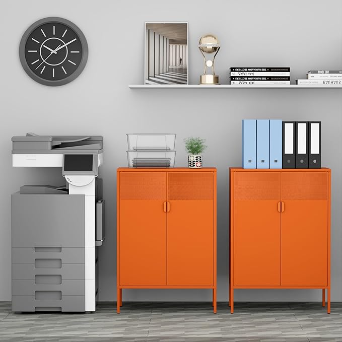 Orange 3 Tier Metal Storage Cabinet with Legs, 2 Door Metal Locker Style Accent Storage Cabinet with 2 Adjustable Shelves for Home, Office, Entryway and Hallway
