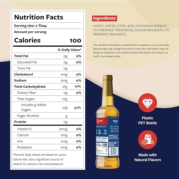 Torani Honey Sweetener, Flavoring for Drinks and Desserts, Pump Included, 25.4 Fl Oz