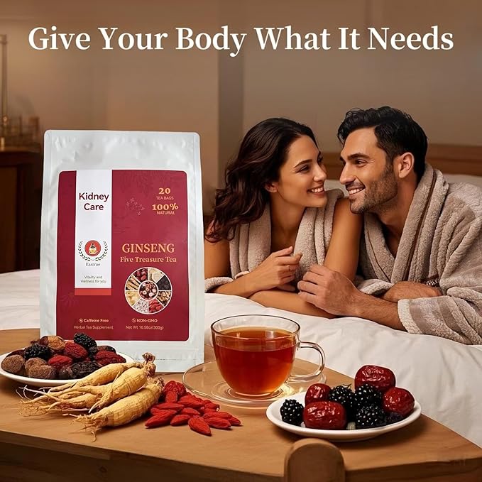 20 Pack Organic Ginseng Kidney Tea-Ginseng Six Treasure tea,Eight Natrual Herbs Blend Mulberry,Wolfberry-Traditional Chinese Herbal Kidney Tea Formula for Men & Women,100% Plant Base(300g/Bag)