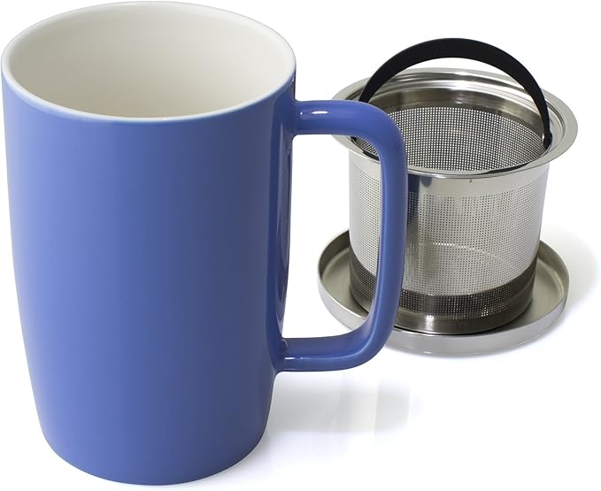 FORLIFE Dew Glossy Finish Brew-In-Mug with Basket Infuser & "Mirror" Stainless Lid 18 oz., Blue