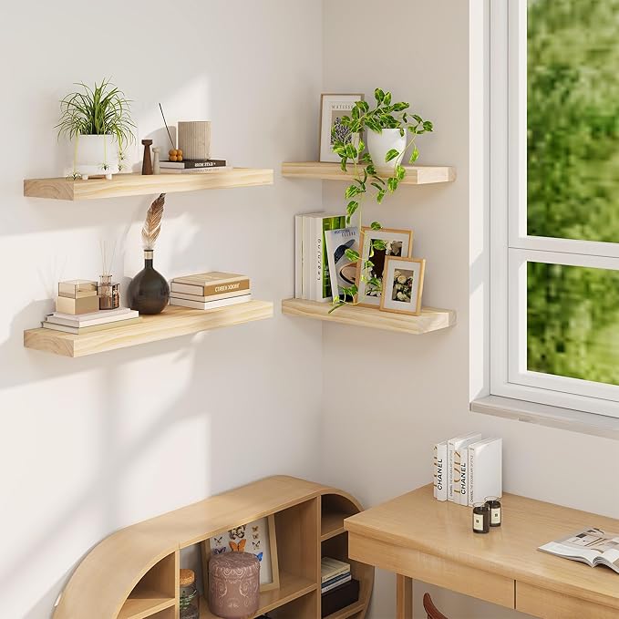 Fun Memories Floating Shelves, 9.3'' Deep Solid Pine Wood Wall Shelves for Storage, Wall Mounted Display Shelf with Invisible Heavy-Duty Metal Bracket, 36'' Width Set of 2, Unfinished - DIY Stain