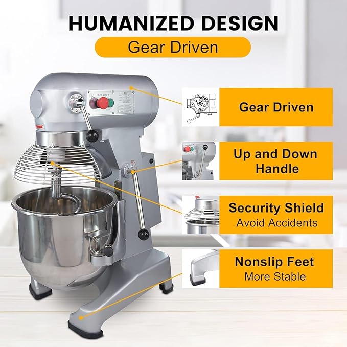 Hakka Electric 10 Qt Stand Mixer 750W Stainless Steel Commercial Industrial Food Mixer 110V/60Hz Heavy Duty Planetary Bread Pizza Countertop Mixer with 3 Adjustable Speeds