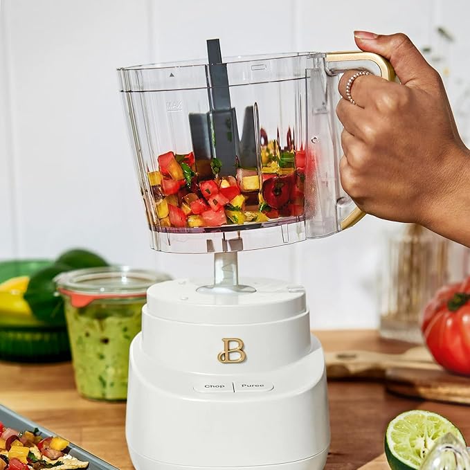 Beautiful 3-Cup Food Chopper, Electric Mini Processor with Plastic Bowl, BPA-Free, Stainless Steel Blade, Dishwasher Safe, Compact Touch Control Kitchen Appliance Powerful 250-Watt (White Icing)