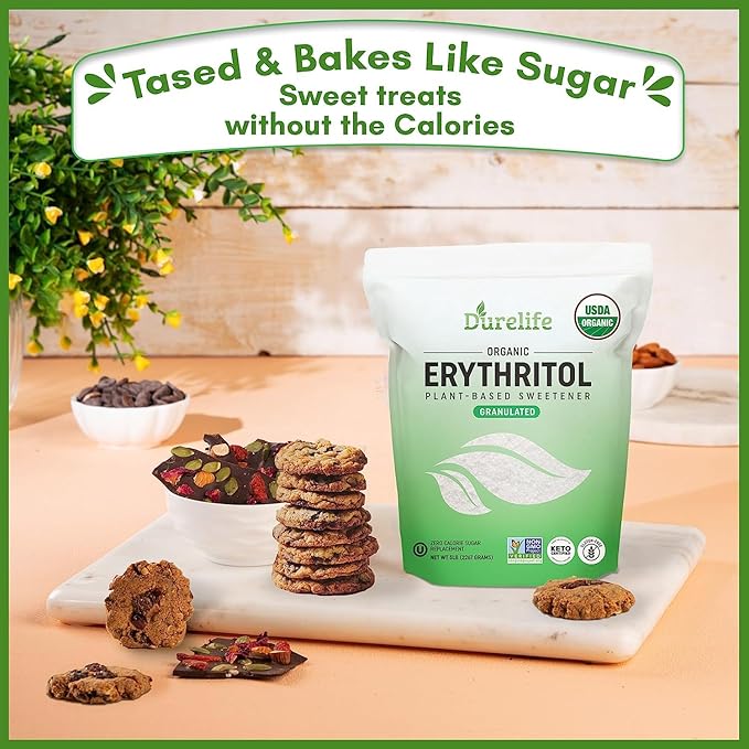 Durelife USDA organic erythritol sweetener, non gmo verified, Keto certified, No After Taste, Kosher, Zero Calorie Plant-Based Sugar Alternative 5 LB