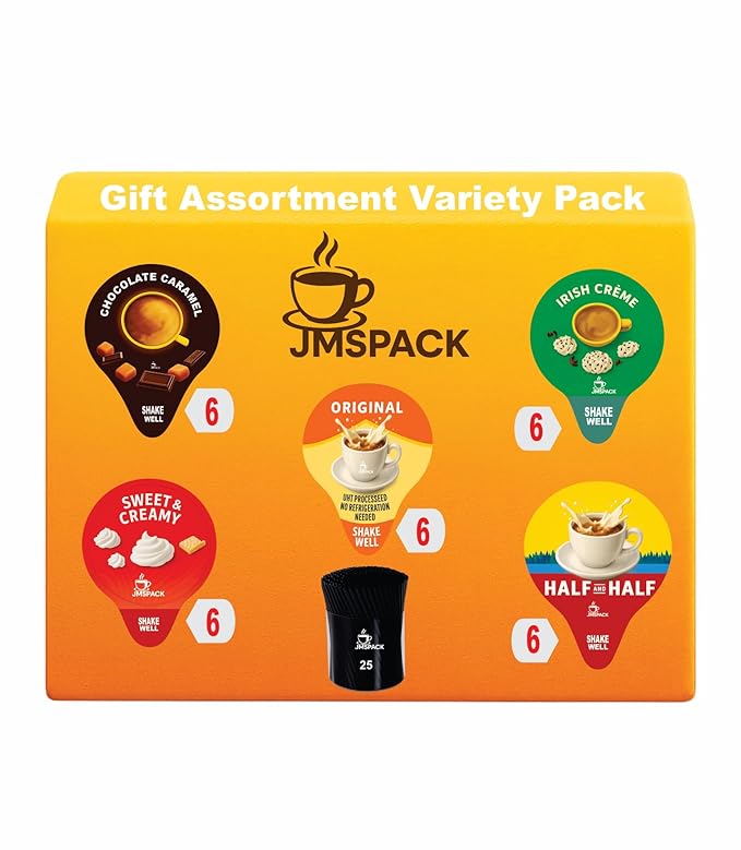 Variety Pack Creamers Liquid Creamer Singles | Gift Assortment Box | Coffee Cream, Half & Half, Original, Irish Creme, Italian Sweet Creme & Chocolate Caramel - No Refrigeration - Box Of 30, As gift 25 Plastic Stirriers