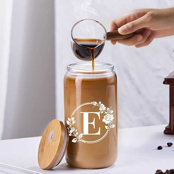 Birthday Gifts for Women, Monogrammed Initial Glass Cup Personalized Gifts for Women, 16oz Glass Cups with Lids and Straws, Iced Coffee Cup, Beer Can Shaped - Gift for Christmas, Birthday, E