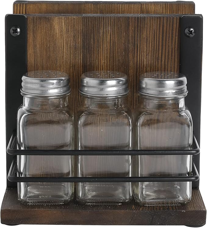 MyGift Napkin Holder with Salt and Pepper Shakers Set, Wood Tabletop Napkin Dispenser with Condiment Organizer and 3 Glass Shakers, Rustic Kitchen Décor