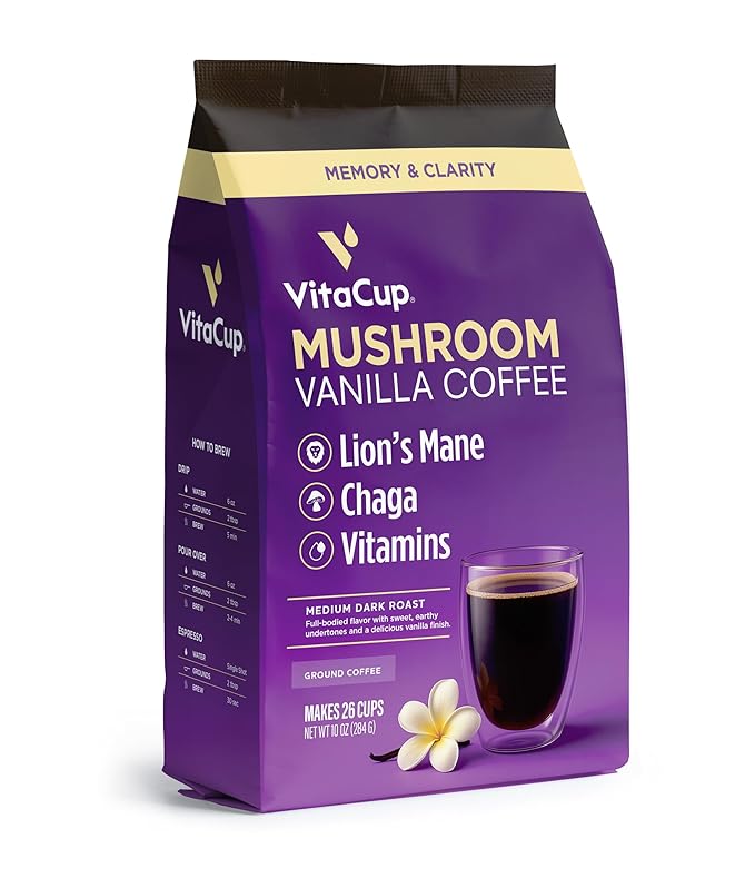 VitaCup Focus Mushroom Coffee Grounds, Vanilla Flavored Coffee with Lions Mane, Chaga, B Vitamins, D3, Boost Focus, Immunity, Memory & Clarity, Medium Dark Roast, 100% Arabica Specialty, 10oz