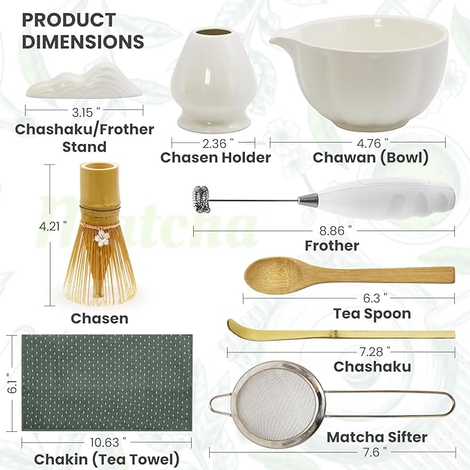 Matcha Whisk Set Incl. Ceramic Bowl With Spout, Whisk (Chasen), Stand, Bamboo Scoop, Sifter, Electric Frother, Tea Towel etc. 9 Pcs Matcha Making Starter Kit, White