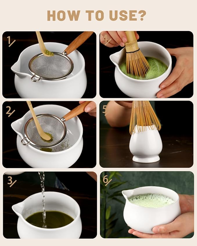 Nucookery Matcha Whisk Set - 5 Pcs Matcha Set with 18oz Ceramic Matcha Bowl (Chawan) with Spout, Bamboo Whisk & Holder, Scoop and Sifter | Complete Matcha Kit for Japanese Tea Ceremony (White)