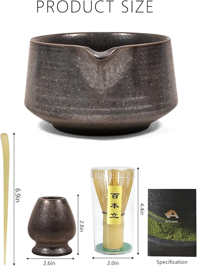 Artcome Matcha Tool Set - Complete Kit with Matcha Bowl with Spout, Bamboo Whisk, Tea Scoop & Whisk Holder, Antique Finish