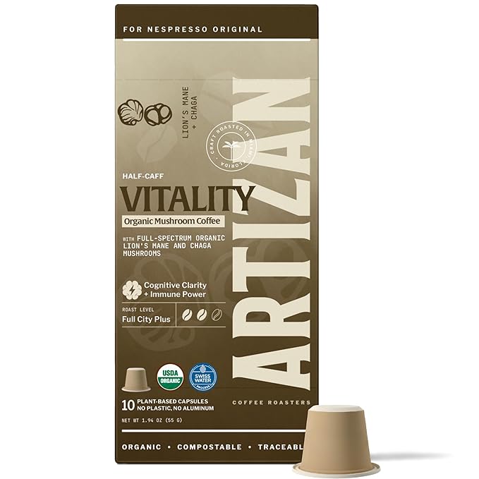Artizan Organic Lion’s Mane & Chaga Mushroom Coffee Pods for Nespresso Original Line | Cognitive Clarity + Immune Power | 10 Compostable Espresso Capsules