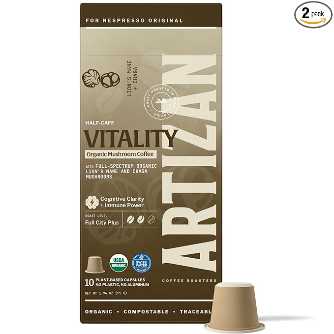 Artizan Organic Lion’s Mane & Chaga Mushroom Coffee Pods for Nespresso Original Line | Cognitive Clarity + Immune Power | 20 Compostable Espresso Capsules