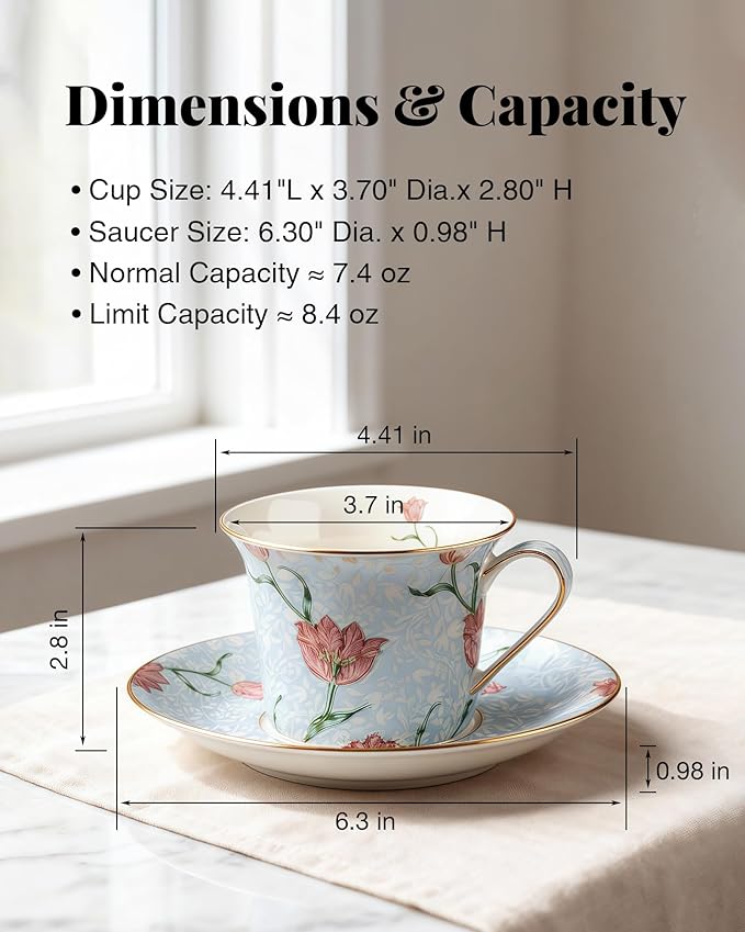 Exquisite Bone China Tea Cups and Saucer Set – Elegant Porcelain Tea Cups, Beautifully Detailed for Tea Lovers, Gift-Ready for Christmas, Hostess, Holiday Gift & Fall Decor