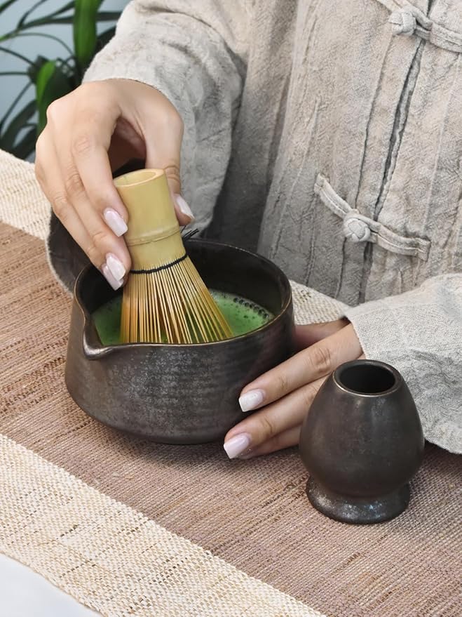 Artcome Matcha Tool Set - Complete Kit with Matcha Bowl with Spout, Bamboo Whisk, Tea Scoop & Whisk Holder, Antique Finish