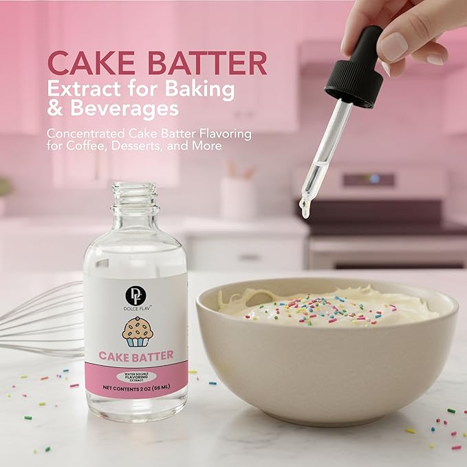 Dolce Flav Natural Cake Batter Extract – 2 Ounce Water-Soluble Kosher, Sugar-Free, Concentrated Birthday Cake Flavor for Frosting, Cupcakes & Ice Cream, Includes Measured Dropper