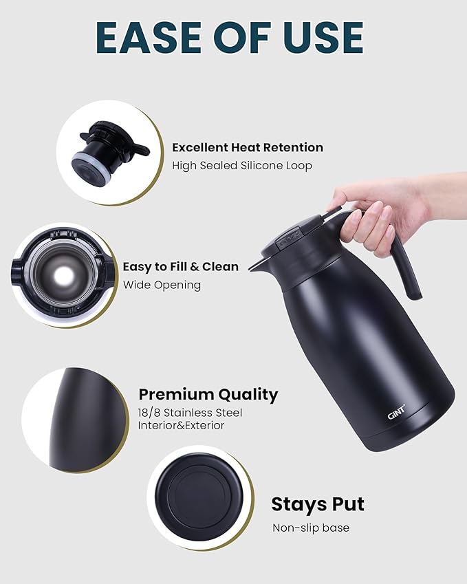 GiNT 1.9L / 64Oz Thermal Coffee Carafe, Insulated Stainless Steel Coffee Carafes for Keeping Hot/Double Walled Vacuum Thermal Carafe (Black)
