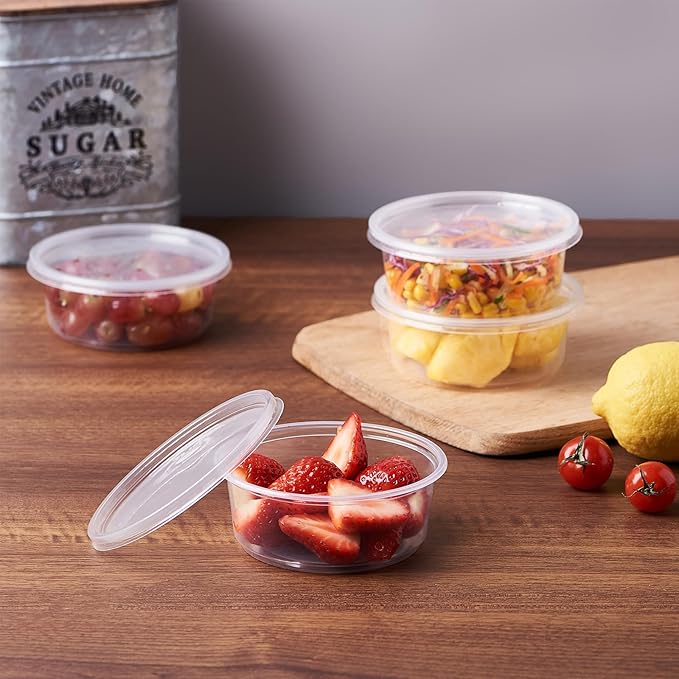 [150 Set - 8 oz. Plastic Deli Food Storage Containers With Lids Disposable Clear Small Togo Containers