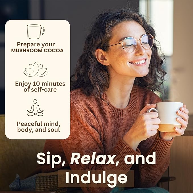SAYUU Mushroom Coffee Hot Cocoa Mix –Instant Coffee Blend Enriched with Reishi, L-Theanine, Melatonin, Rich Cacao Flavor, Gut & Immune Health Support, Quick & Easy Bedtime Drink - 20 Servings