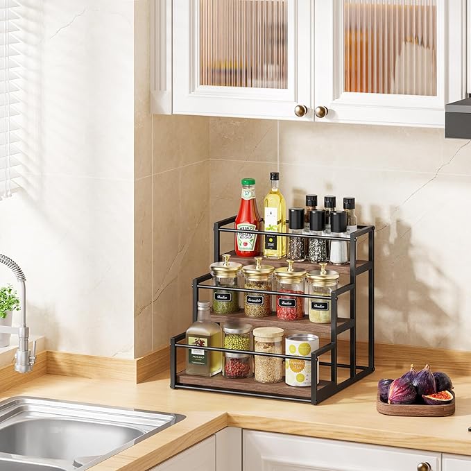 THYGIFTREE Liquor Bottle Display Shelf 3 Tier Rack Holder Bar Shelf Stand for Wine Whiskey Risers Organizer Kitchen Countertop