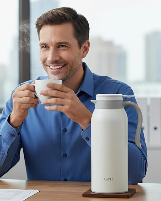 GiNT 51 Oz Stainless Steel Thermal Coffee Carafe, Double Walled Vacuum Insulated Flask, 12 Hour Heat Retention, 1.5 Liter Tea, Water, and Coffee Dispenser (Upgraded version White)