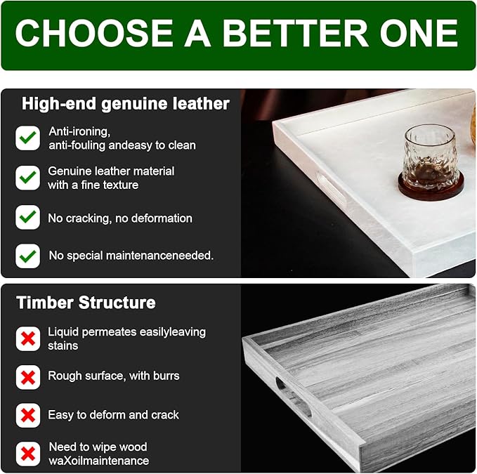 30 * 30 inches Leather Rectangle Serving Tray with Hole Handles,High-End Light Large Service Tray for Ottoman Tray, Tea, Food, Butler - Countertop, Kitchen,Family Dinner, Picnic(White)