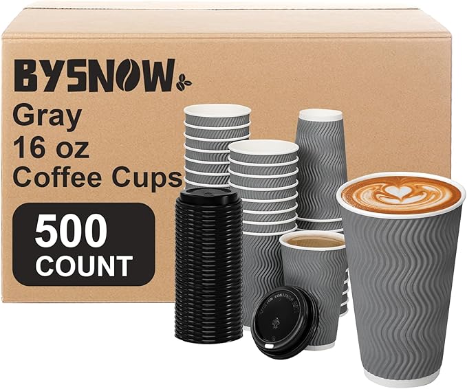 16 oz Coffee Cups with Lid, 500 Pack Disposable Coffee Cups Insulated Ripple Paper Cups for Water, Juice, Coffee (Gray 16 oz)