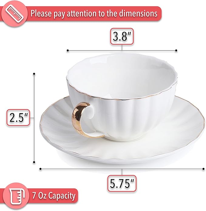 BTaT- White Tea Cups and Saucers Set of 6 (7 oz), Porcelain White Tea Cup Set with Golden Trim Design, Dishwasher Safe, Christmas Gifts
