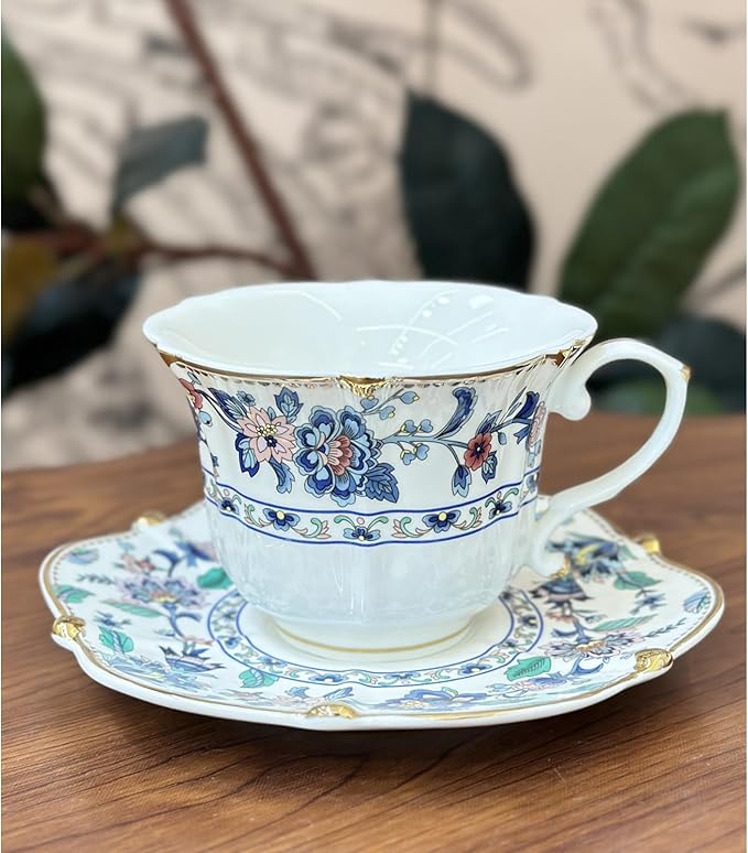 Floral Ceramic Cup Bone China Tea Cup and Saucer Set 6.8 Oz Gold Trim Vintage Style Porcelain Coffee Cup for Home Kitchen Office, Style 2