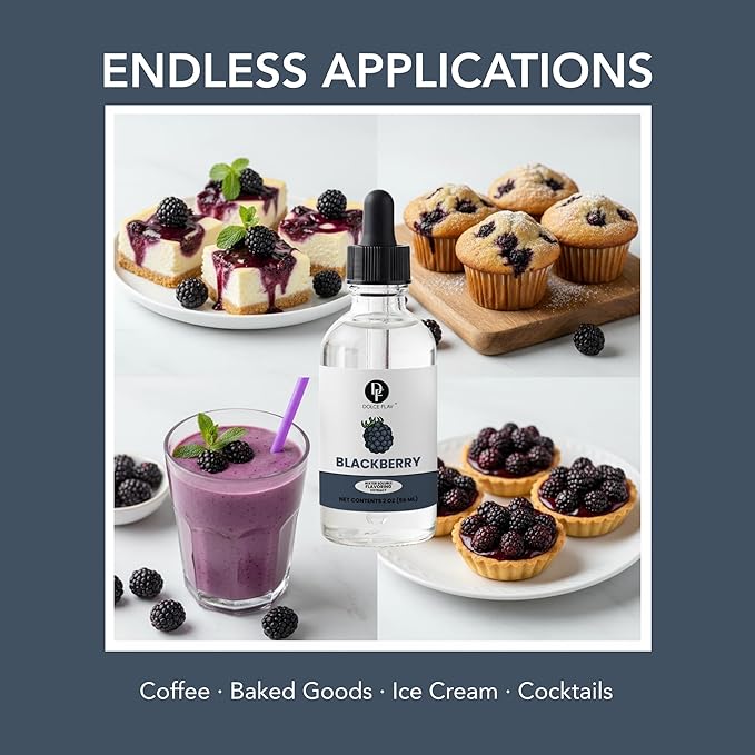 Dolce Flav Blackberry Extract - 2 Ounce Water-Soluble Multipurpose Flavoring Ideal for Baked Goods, Beverages, Coffee, Desserts & Ice Cream - Perfect Kitchen Gift for Holidays