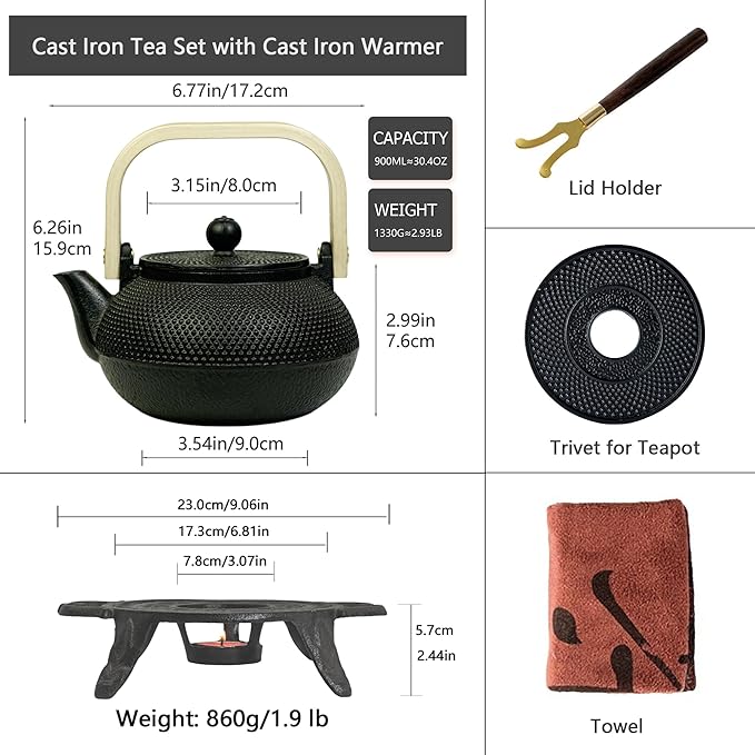 Cast Iron Tea Set with Teapot and Warmer, Japanese Tetsubin, 30.4oz Small Teapot with Infuser for Loose Leaf, Asian Tea Kettle for Stovetop Safe, Elegant Durable Tea Pot Set Gift