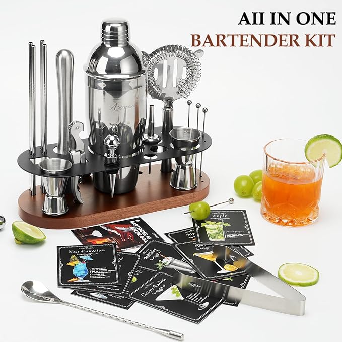 23-Piece Bartender Kit, Cocktail Shaker Set with Stand | Bar Drink Mixer Set with All Essential Bar Tools: Martini Shaker, Jigger, Strainer, Pourers, for Home, Bar, Party (Brown-y)