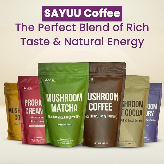 SAYUU Mushroom Chicory Blend – Caffeine-Free Coffee Alternative with Lion's Mane, Reishi, Turkey Tail – Supports Digestion, Focus & Immunity – Vegan & Eco-Friendly, 30 Servings