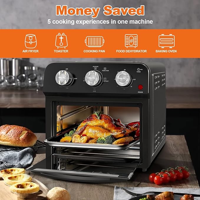 PlumChef 13 Quart 4 Slices Air Fryer Convection Toaster Oven, 1500W, Multifunction Oven for Air Fryer, Gril, Defrost, Bake, Time and Temperature Controls(Black)