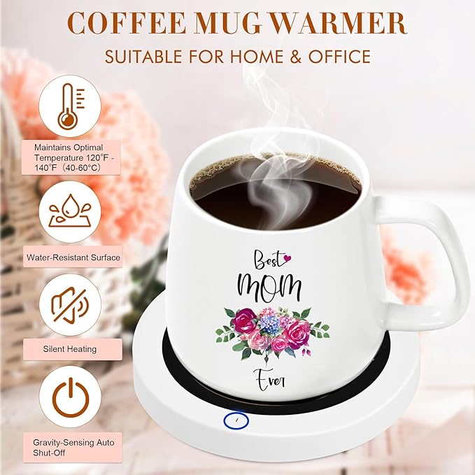 Coffee Mug Warmer, Best Mom Ever Mug, Coffee Cup Warmer for Desk, Gifts for Women, White Heated Coffee Warmer for Mom Home Office Christmas Birthday Gifts