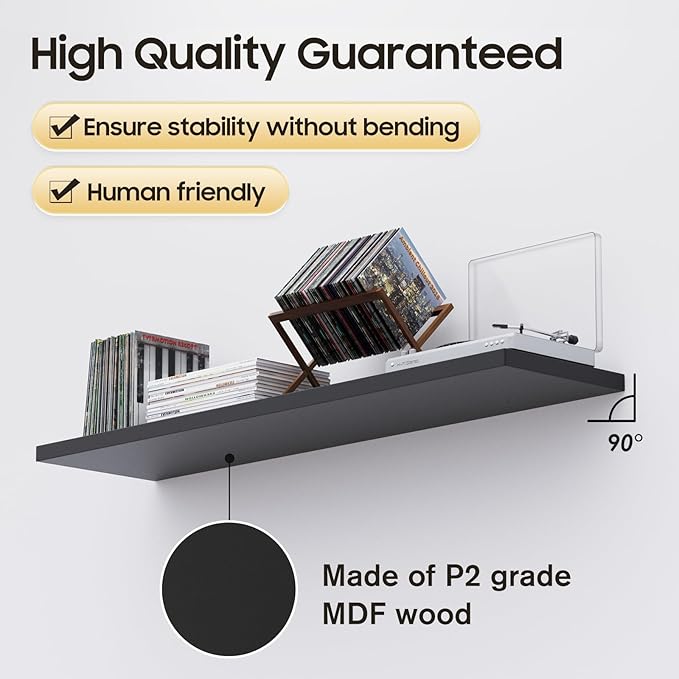 Floating Shelf, Set of 1 Wall Shelf, 36 in W x 12.75 in D x 2 in H Wooden Floating Wall Shelf with Invisible Brackets for Living Room/Bedroom/Bathroom/Kitchen Storage and Decor, Black