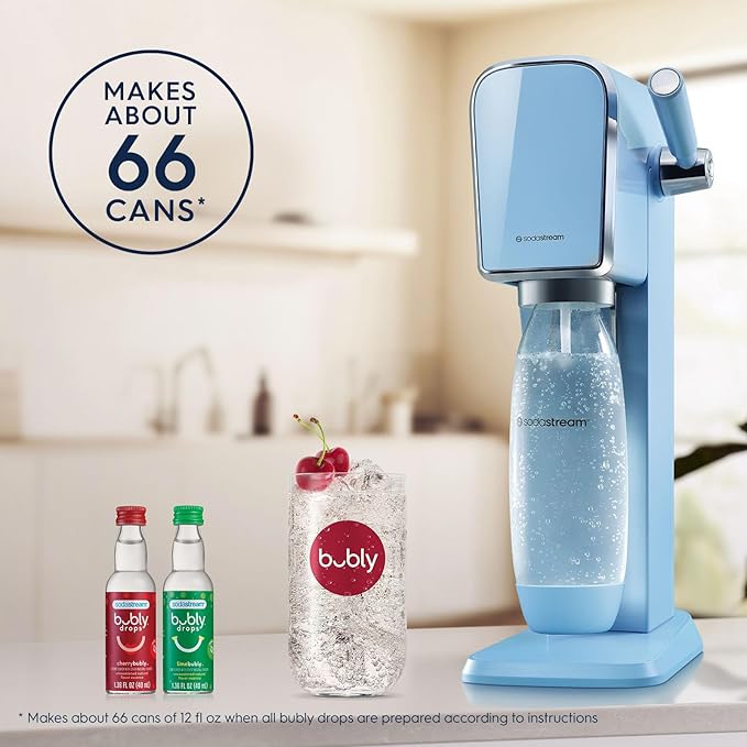 SodaStream - ART Sparkling Water Maker | VALUE BUNDLE | CQC CO2 system | Includes 2x CO2 Cylinders, 2x 32 Fl Oz Dishwasher Safe Bottles, 2x Bubly Flavor Drops | Combine with Pepsi Flavors | Misty Blue