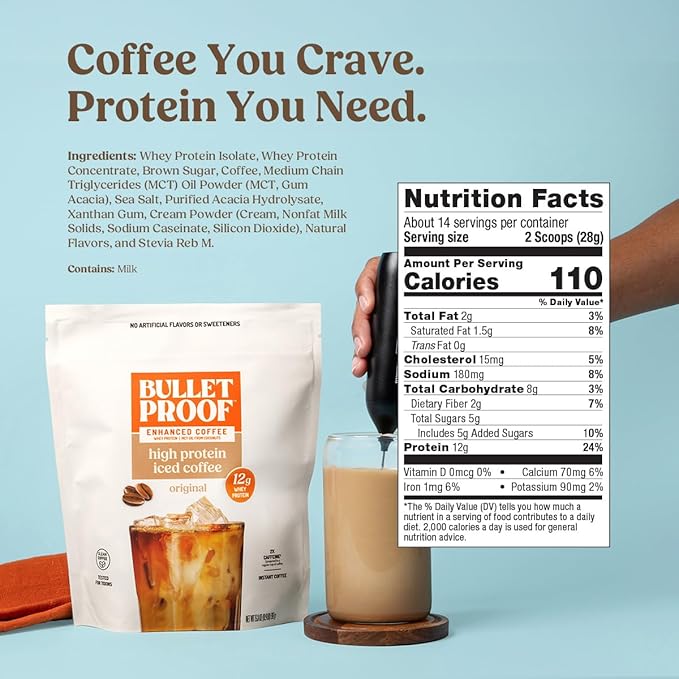 Bulletproof Original High Protein Iced Instant Coffee, 14 Servings, 12g Whey Protein, No Artificial Flavors & Sweeteners, 170mg Caffeine Per Serving, Creamy Coffee Forward