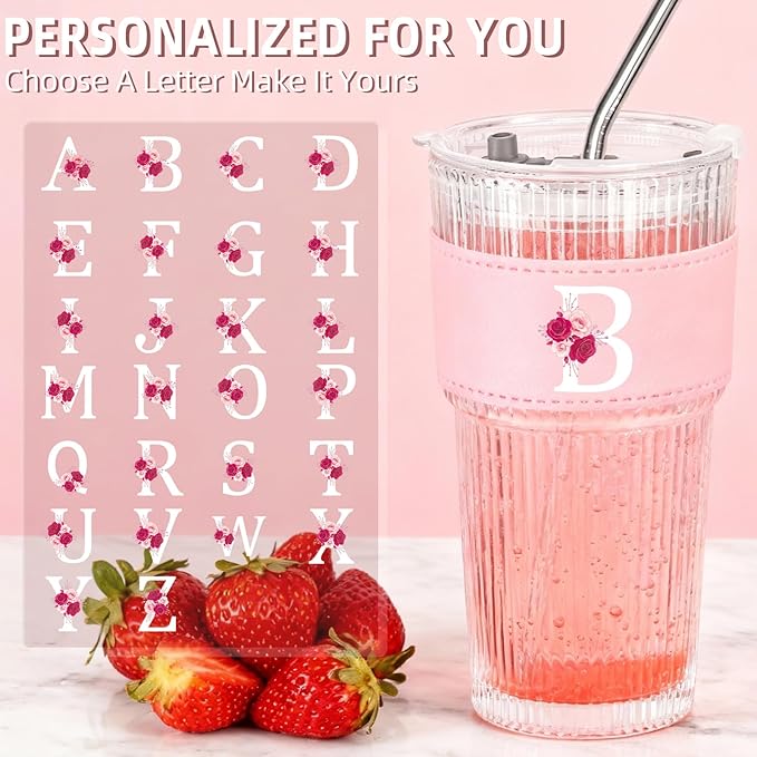 Personalized Gifts for Women,20oz Ribbed Glass Tumbler,Monogrammed Gifts for Women,Birthday Gift,Ice Coffee Mug,Christmas Gift for Mom Sister-B