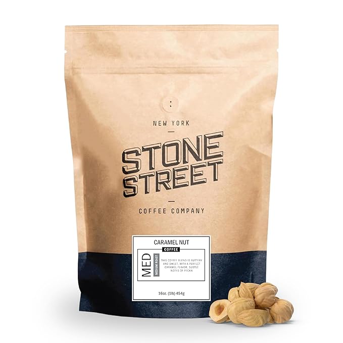Stone Street Flavored Ground Coffee, Caramel Nut, Freshly Roasted, 100% Colombian Arabica, Gourmet Coffee, Medium Roast, Sweet Nutty Dessert Flavor, 1 LB