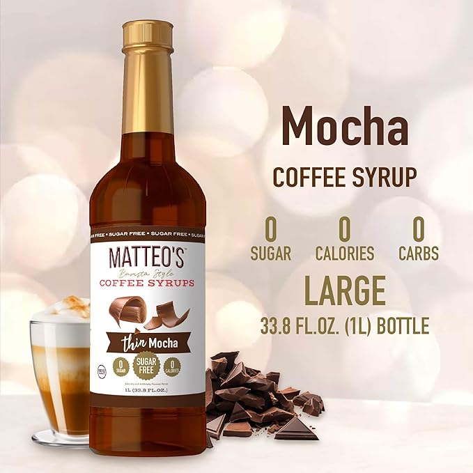 Matteo's Mocha Syrup for Coffee, Lattes, Cappuccinos & Desserts – Sugar-Free Sweetener for Beverages, Keto Friendly, Zero Calories, Indulgent Flavor, Non-Alcoholic, Ideal for Hot Drinks 33.8oz (6pk)