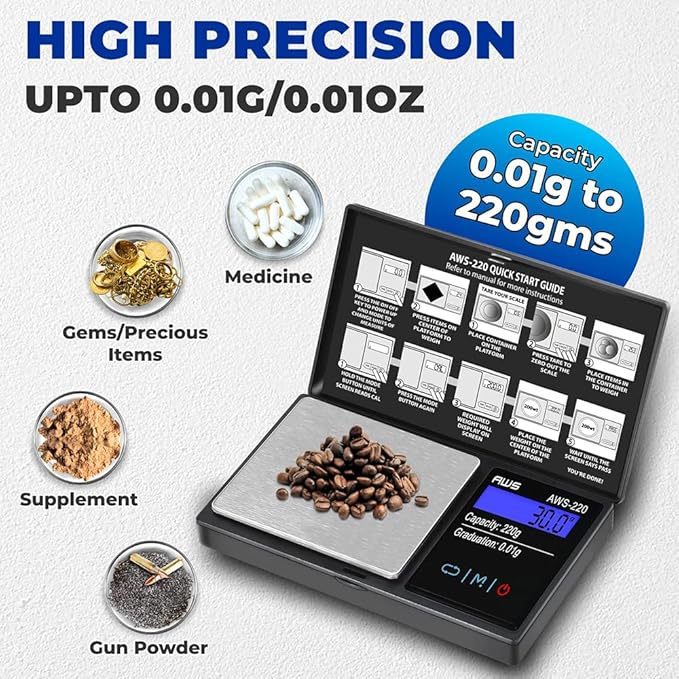 American Weigh Scales 220g x 0.01g Digital Pocket Weight Scale | Precision Digital Scale LCD Screen Accurately Measures Jewelry Gemstone Coins, Small Pocket Food Scale, Electronic Medicine Lab Scale