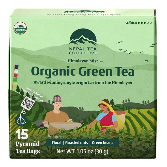 NEPAL TEA Organic Green Tea Bags from the Himalayas - 15 Pyramid Tea Bags, Single Origin from a Family Farm - Green Tea Bags with Loose Leaf Tea Inside (Himalayan Mist)