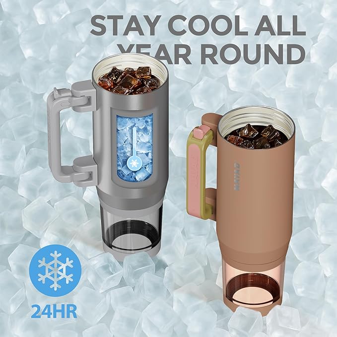 NAYAD 22 oz Flip Straw Tumbler with Handle & 10oz Snack Container Insulated Stainless Steel Water Bottle with Foldable Handle Dual Lids for Travel Gym Car Daily Use Christmas gifts(Light brown)